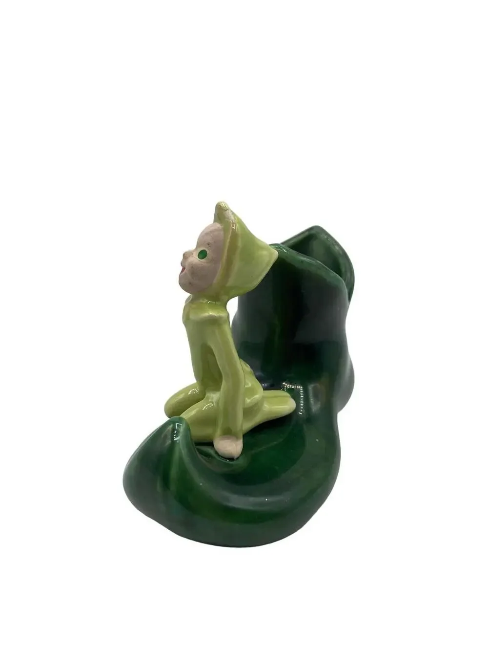 Vintage Pixie Potters Elf Figurine: Green Boot Planter, 1940s Collectible